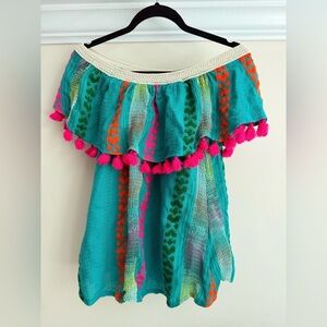 Judith March Women Size Small Blue Serape Boho Tassel Off The Shoulder blouse